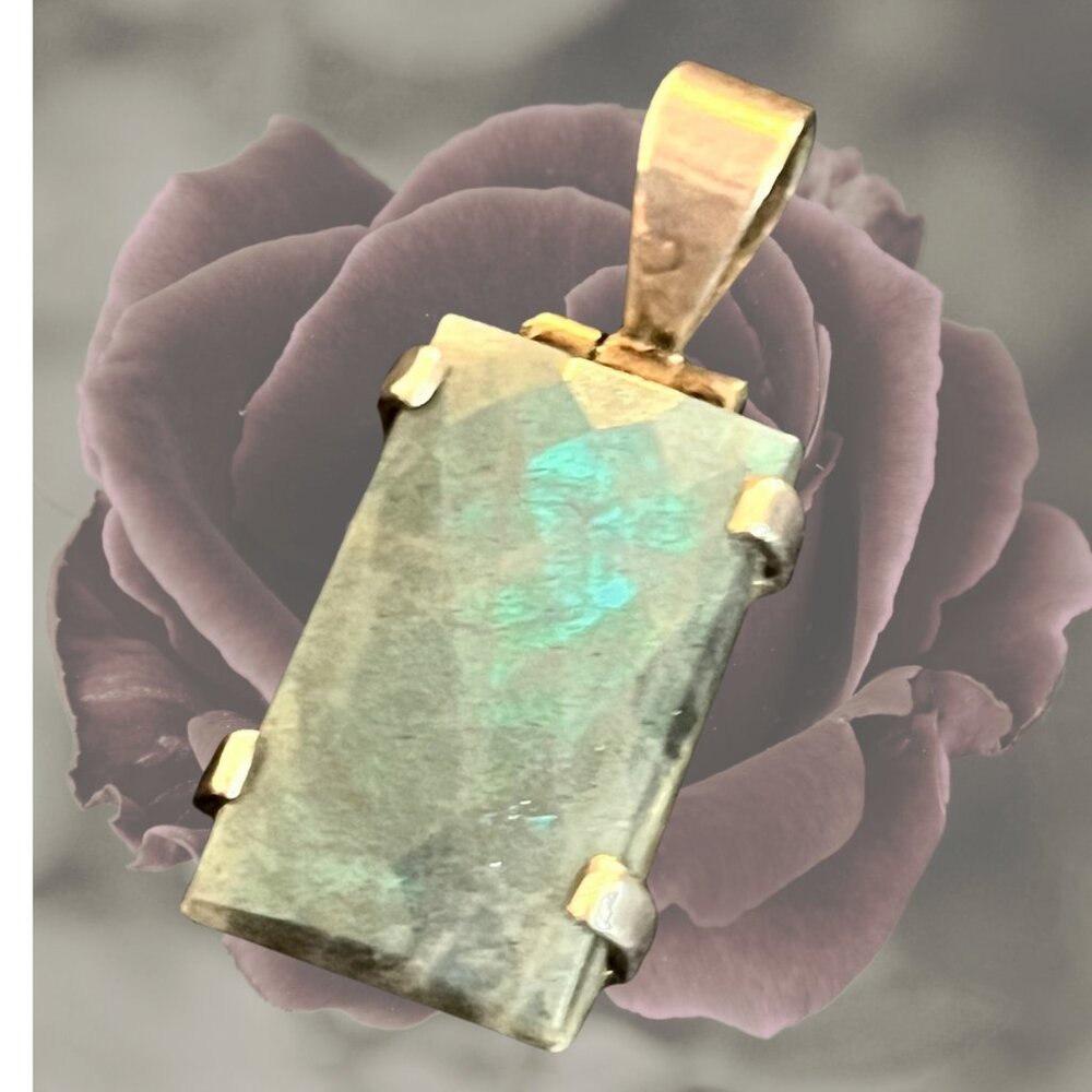 Vintage Rectangular Labradorite Hinged Sterling Silver Pendant - 10g - VG / EUC